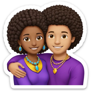 Tan male with short straight, light wavy hair, smiling and hugging a darkblack African  girl with Afro in purple clothes with blue jewelry sticker