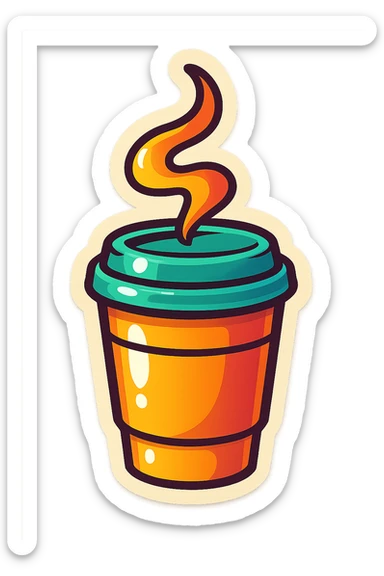 playful retro sticker-style illustration of a takeaway coffee cup with a swirl of steam above it, bold outlines, smooth forms, glossy expressive highlights sticker