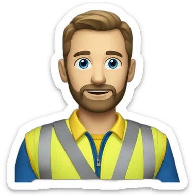 Ikea manager blue eyes beard with laptop and yellow security vest sticker