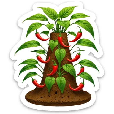 Very Large decorative gnarled alien-futuristic multi-tier space-efficient seeding plant rack, which holds tiny hot pepper plants, constructed from mud and coconut fiber matrix  sticker