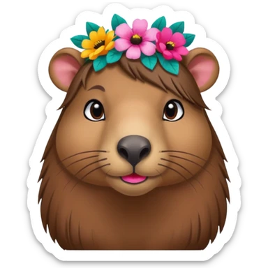 capybara with faka eye lashes and make up on - bright lipstick and eye make up - long brown hair, flowers in her hair

 sticker