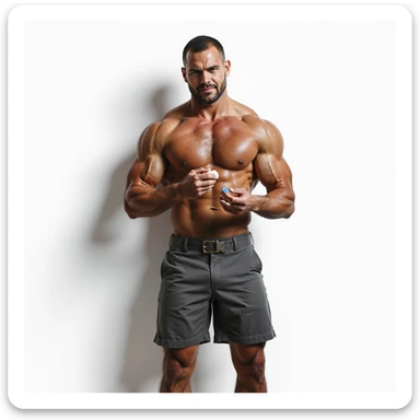 hyper realistic muscular bodybuilder taking an anabolic pill, shadow on the wall shaped like shrunken testicles, isolated on white background sticker