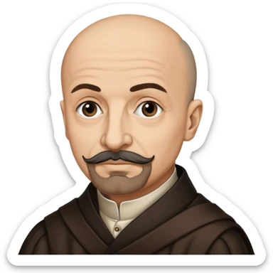 a hand drawn black outline portrait of philosopher Montaigne with similar-sized eyes based a famous portrait of him sticker