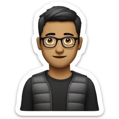 persona de complexión robusta, con cabello corto y oscuro. Lleva gafas grandes de montura oscura y una camiseta de tirantes con rayas verticales blancas y negras. Esta gesticulando y explicando sticker