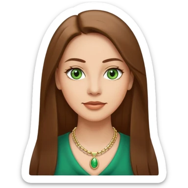 Adult woman avatar, light skin tone, oval face, straight long brown hair, green eyes, neutral mouth, elegant  sticker