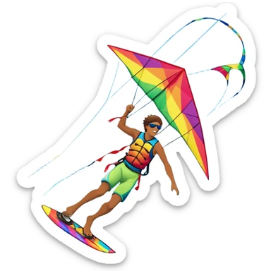 A vibrant kite soaring high in the sky, attached to a kiteboarder riding the waves below. The scene is filled with bright colors, capturing the energy of the sport. The background features the ocean, wind-blown waves, and a clear sky, showcasing the excitement and freedom of kiting. sticker