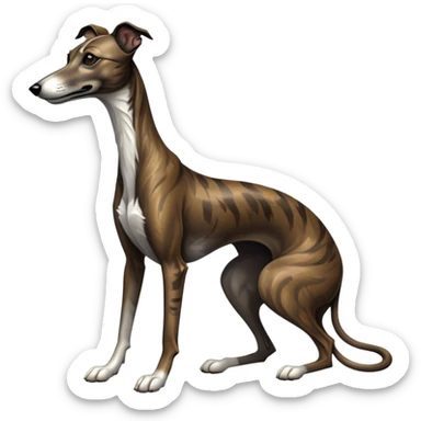 cinematic-[brindle greyhound]-realistic-full-body-sitting-emoji,-tail-resting-loosely-beside-its-paws,-head-tilted-dramatically, -sleek-[dark brindle]-fur,-simplified-yet-realistic-focused-features,-highly-detailed,-glowing-with-an-almost-sarcastic-glow sticker