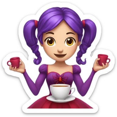 purple spider girl with pigtails and a red dress and holding teacups in all of her four arms sticker