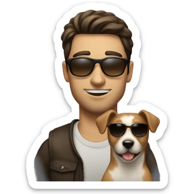 a brunette guy with a sunglasses near to a dog sticker