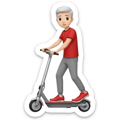 Red shirt, grey pants, on an electric scooter sticker
