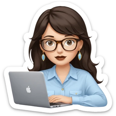 A white woman with long wavy dark brown hair and a whispy bang, wearing thick tortoise SQUARE glasses, gold drop earrings. She has long lashes and a nude browny glossy lipstick. She's wearing an oversize light blue shirt with white vertical strips. She's working on a laptop sticker