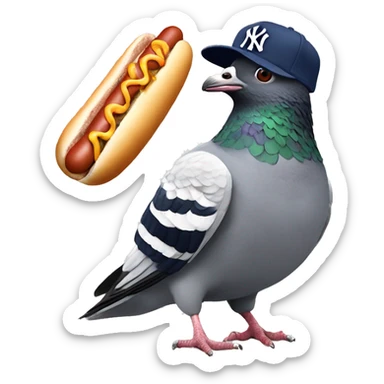 pigeon wearingpigeon wearing New York yankee hat while smashing a hotdog New York yankee hat while eating a hotdog sticker