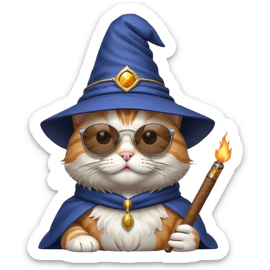 make a cat smoking a cigar with sunglasses and a wizard hat on sticker