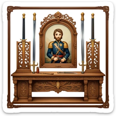 Icon for Antiques Collecting: vintage intricately carved furniture, famous paintings, antique swords, and rifles. The items are displayed on a wooden table or shelf. The icon should evoke the rich history and craftsmanship of antique collecting. Transparent background. sticker