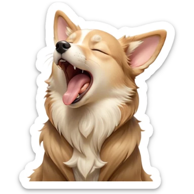 Cinematic Cute Yawning Domestic Dog Portrait Emoji, Head tilted slightly with a dramatic, wide-open yawn, showcasing a plush, inviting coat with gently drooping ears and half-closed, drowsy eyes, Simplified yet irresistibly adorable features, highly detailed, glowing with a soft, cozy glow, high shine, relaxed yet expressive, stylized with a dash of playful whimsy, soft glowing outline, capturing the essence of a sleepy yet affectionate dog that seems ready to stretch out for a nap! sticker