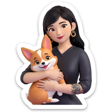 expressive emoji of an Asian girl with long black hair and wispy deep-parted side bangs, wearing a black leather dress, gold earrings, false lashes, and a 3/4 sleeve tattoo on her left arm, hugging a happy red head tri-color corgi, simplified, clear, emoji-like sticker