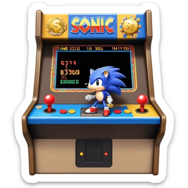 An icon showing a retro arcade screen with pixelated characters like a speedy hedgehog Sonic jumping and collecting coins. The game environment includes obstacles, power-ups, and vibrant colors, evoking the excitement and nostalgia of classic arcade games. transparent background. sticker