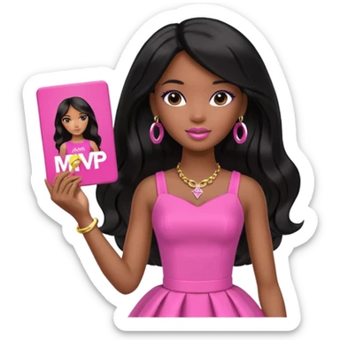 Black barbie, long black  hair, pink dress holding mvp sign  sticker