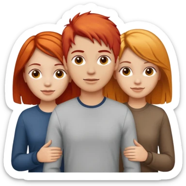 Can you create an image of 3 friends together one with red bright hair light skin one the other with brown hair with some blonde highlights in the hair fair skin the last one with light brown a tint of orange hair sticker