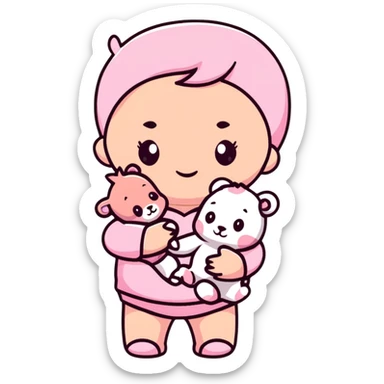 adorable baby in pastel pink outfit with pink teddy bear sticker