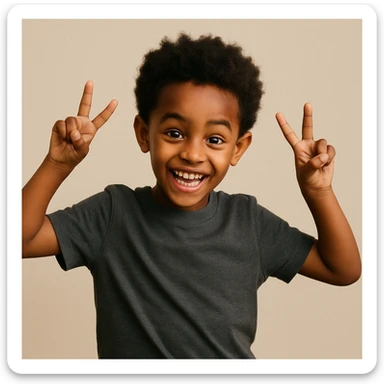 Ethiopian young boy, playful pose, short afro hair, modern t-shirt, plain background sticker