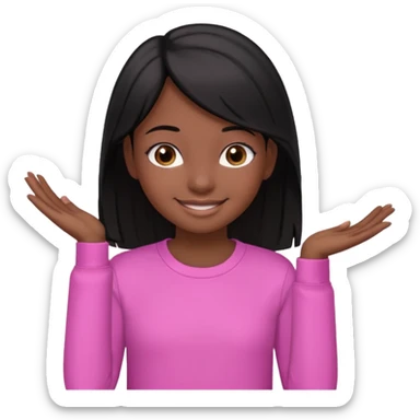 A portrait of a 14-year-old girl, he's got black hair, darkish skin and brown eyes. she's wearing a pink longsleeve. She's smiling a bit sticker