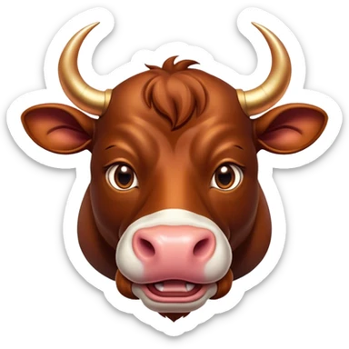 Cinematic Cute Domestic Bull Portrait Emoji, Head tilted playfully and inquisitively, with a sturdy, compact build and a smooth, polished coat of rich copper and brown hues accentuated by gently curved horns, round, sparkling eyes full of curious determination, Simplified yet irresistibly adorable features, highly detailed, glowing with a warm, friendly glow, high shine, affectionate and spirited, stylized with a touch of rustic charm, soft glowing outline, capturing the essence of a mischievous yet loving domestic bull that feels like it could trot out of the screen and into your arms! sticker
