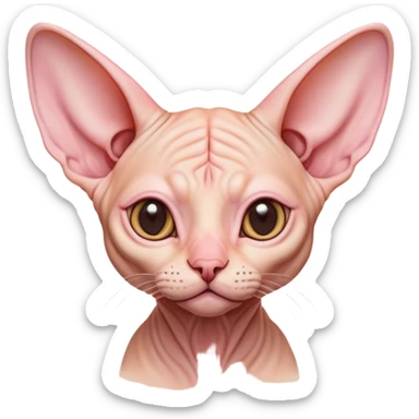 Cinematic Cute Sphynx Cat Portrait Emoji, Head tilted playfully and inquisitively, soft, wrinkled skin in warm peach and pink hues, oversized ears and wide, expressive eyes filled with curiosity, Simplified yet irresistibly adorable features, highly detailed, glowing with a warm, friendly glow, high shine, affectionate and lively, stylized with a touch of whimsy, bright and endearing, soft glowing outline, capturing the essence of a mischievous yet loving kitten, so playful it feels like it could pounce out of the screen and into your arms! sticker
