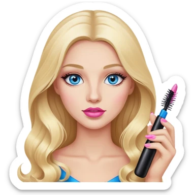 Blonde woman with long hair, blue eyes and pink lips holding mascara in her hands sticker