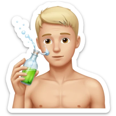 Shirtless white gay male sniffing small bottle sticker