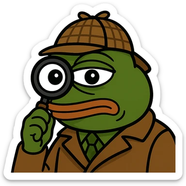 Pepe the Frog meme style as a detective with a magnifying glass, remove background, keep transparent background. sticker