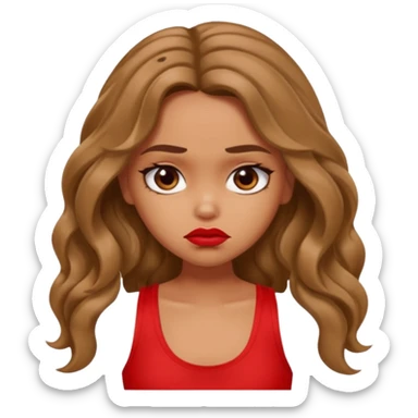 generate a pretty tan bratz girl with brown wavy hair long wearing a red tank top, red lipstick. Looking sad sticker