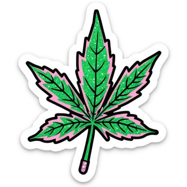 Marijuana leaf that is green and pink with glitter on it  sticker