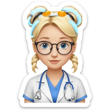 Blonde hair with two buns, blue eyes, stethoscope, and glasses sticker