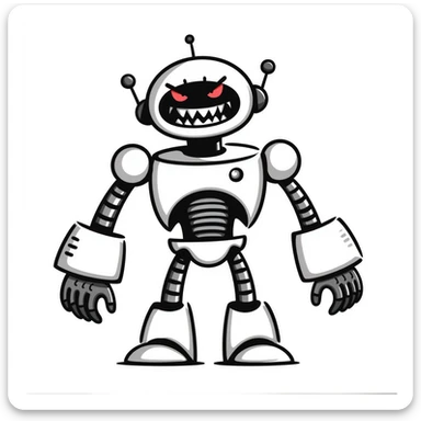 Hand-drawn evil robot with scary face and mechanical parts sticker