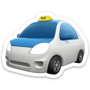 A small white  taxi car with a bright blue roof and white side panels, yellow taxi sign on top,  modern sedan design, black tires, silver rims, front three-quarter view, soft shading, sticker