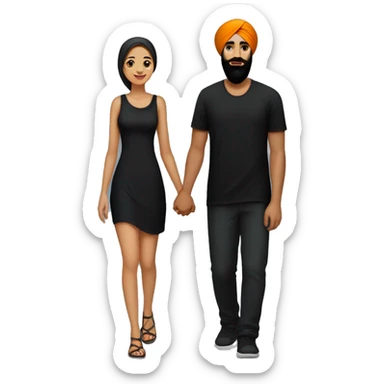 A male sikh, with a goatee and black clothes ,  holding hands with his girlfriend in a black sundress sticker