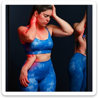 A slender woman in 4K, standing in front of a mirror, one hand on the reddened nape and the other on the forehead, eyes closed in pain, inspired by the reference photo. sticker