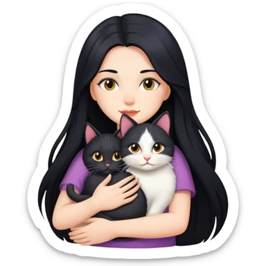 Hot girl with long black hair hugs a cat  sticker