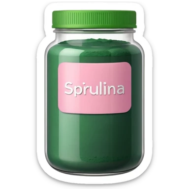 Transparent jar of spirulina powder with pastel pink label sticker