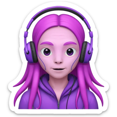 headphone wearing pink alien, purple long haired sticker