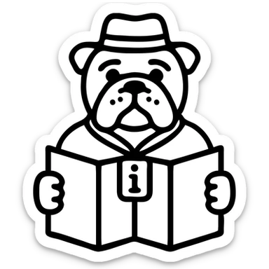 English bulldog tour guide, icon style, with a map and a friendly expression sticker