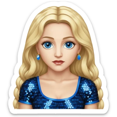 Madonna with blonde long hair, black sequin crop top, blue eye sticker