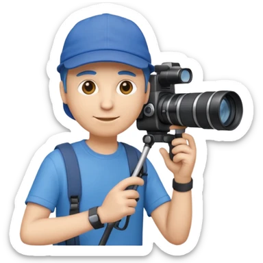 3D emoji-style icon of a photographer in side profile, wearing a blue cap backwards and a blue t-shirt, holding a professional camera with a long telephoto lens sticker
