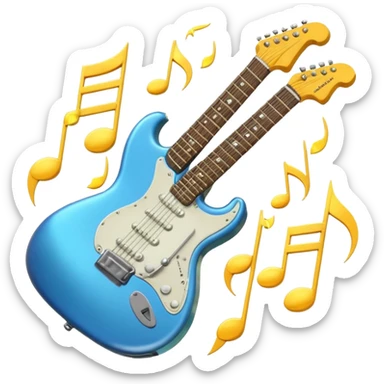 A 3D Apple-style emoji of a bold “ROCK” text written in shiny metallic letters, with an electric guitar leaning on the text, surrounded by small music notes and lightning bolts, energetic and powerful rock music vibe sticker