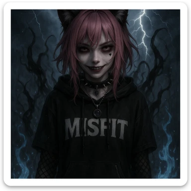 realistic anime catgirl with pink hair, emo streetwear, heart tattoo under left eye, dark magical accessory, sparkles, stormy background, ghostly horror look with shadowy tendrils, pale blue flames, and a chilling smile sticker