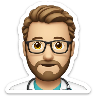 white doctor with short brown hair, big forehead, glasses and beard sticker