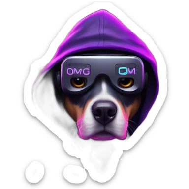 funny dog wearing a black hoodie with "OMG" letters on it and VR headset in a cyberpunk VR environment with violet neon lighting. sticker