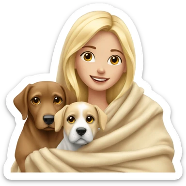 Beautiful blonde girl in a blanket with 2 dogs sticker