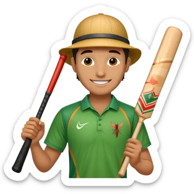 i want a emoji suitable for a logo s well.
it should contain a man holding cricket bat and is wearing all the cricket accessories with no face visible sticker